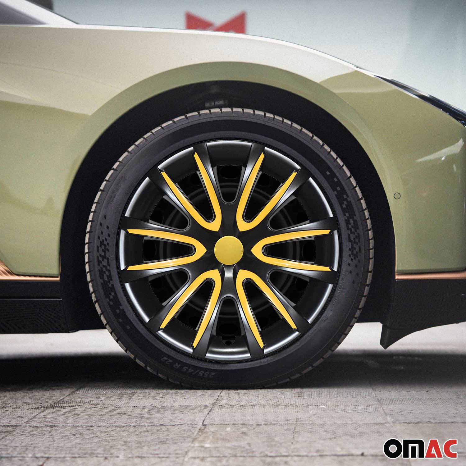 15" Inch Hubcaps Wheel Rim Cover Glossy Black with Yellow Insert 4pcs Set - Image 2