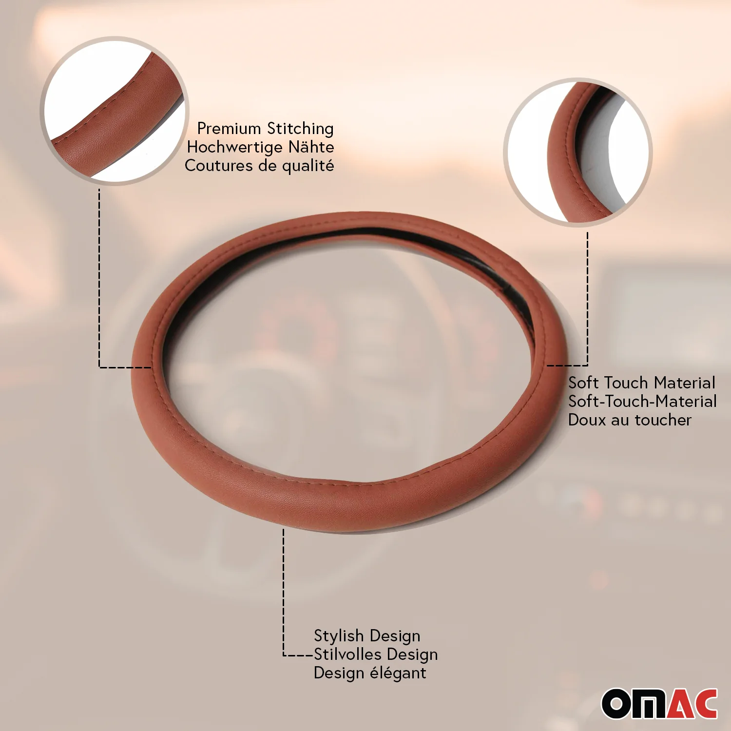 14.5-15.5’’ Steering Wheel Cover Premium Brown PU Leather Anti-slip Breathable - Image 2