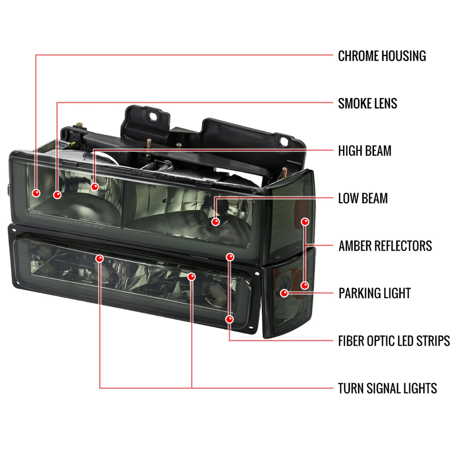 1988-1993 Chevy C10 C/K Sierra Tahoe LED Tube Factory Headlights Smoke - Image 9