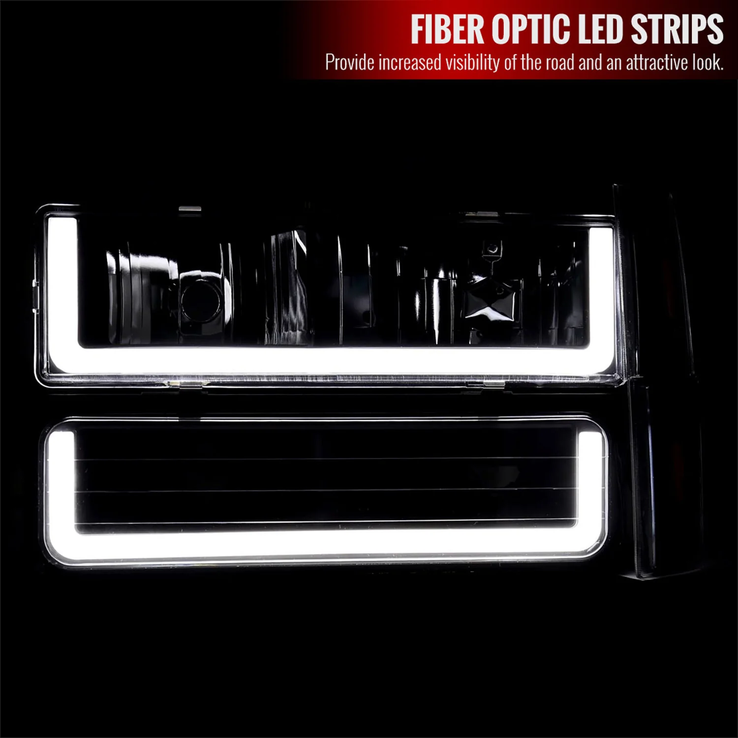 1988-1993 Chevy C10 C/K Sierra Tahoe LED Tube Headlights &Corner Lights Black - Image 2