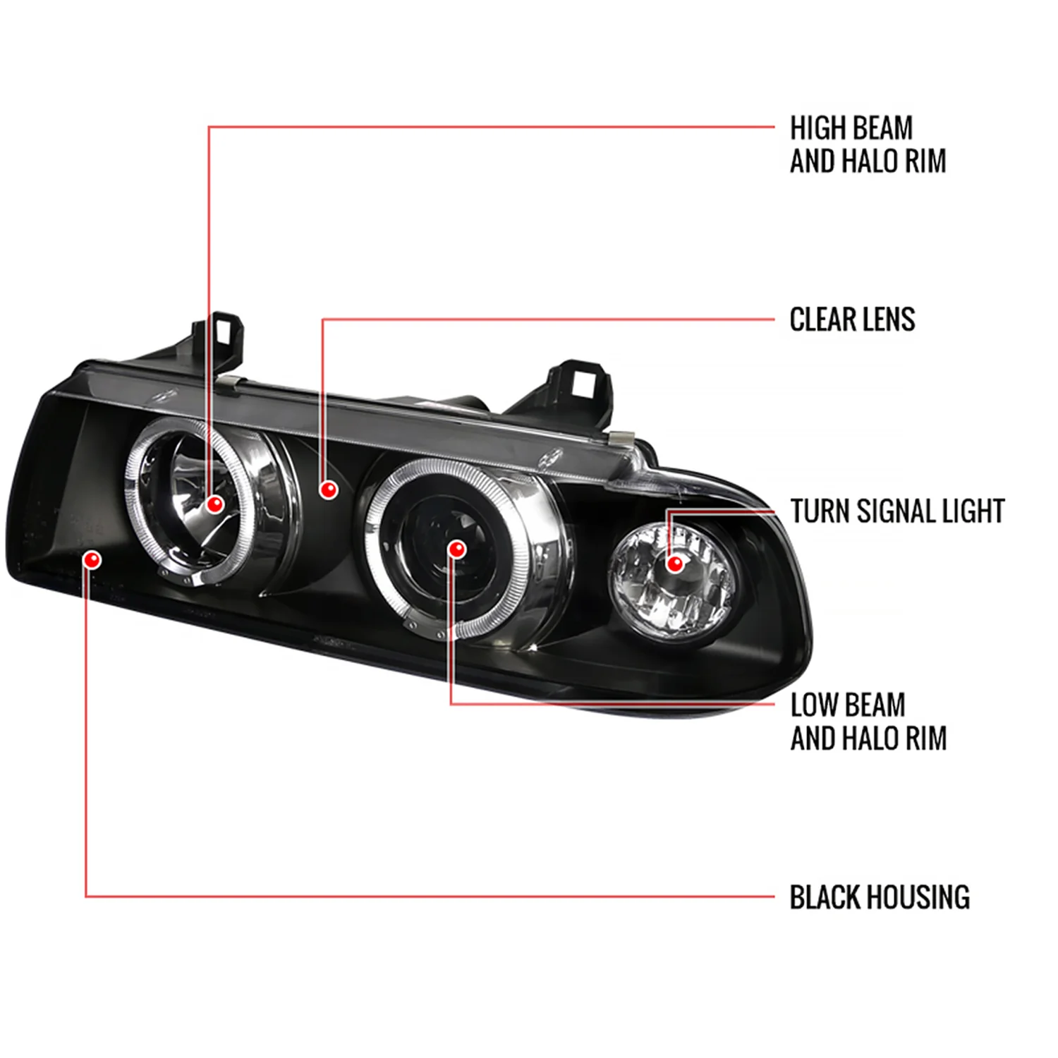 1992-1998 BMW E36 3 Series Coupe/Sedan Dual Halo Projector Headlights Black - Image 7