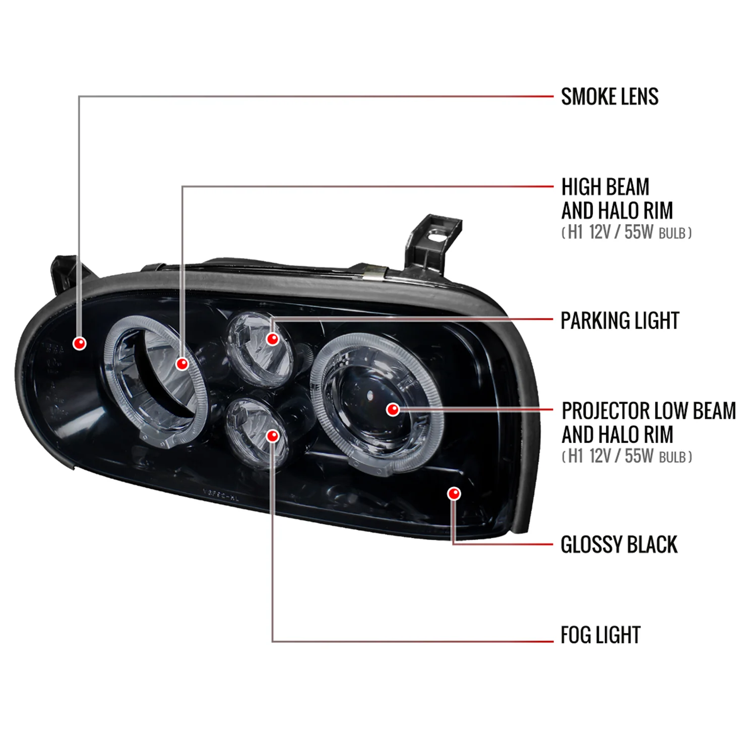 1993-1998 VW Golf Mk3/Cabrio Dual Halo Projector Headlights Black/Smoke - Image 8