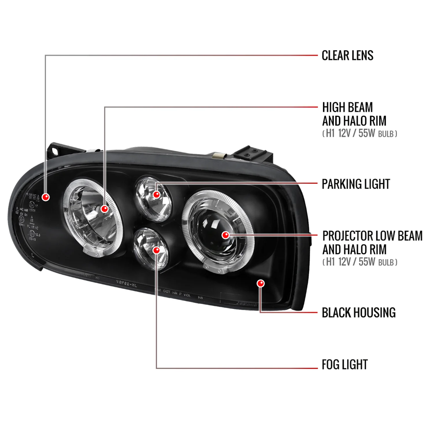 1993-1998 VW Golf Mk3/Cabrio Dual Halo Projector Headlights Matt Black/Clear - Image 8