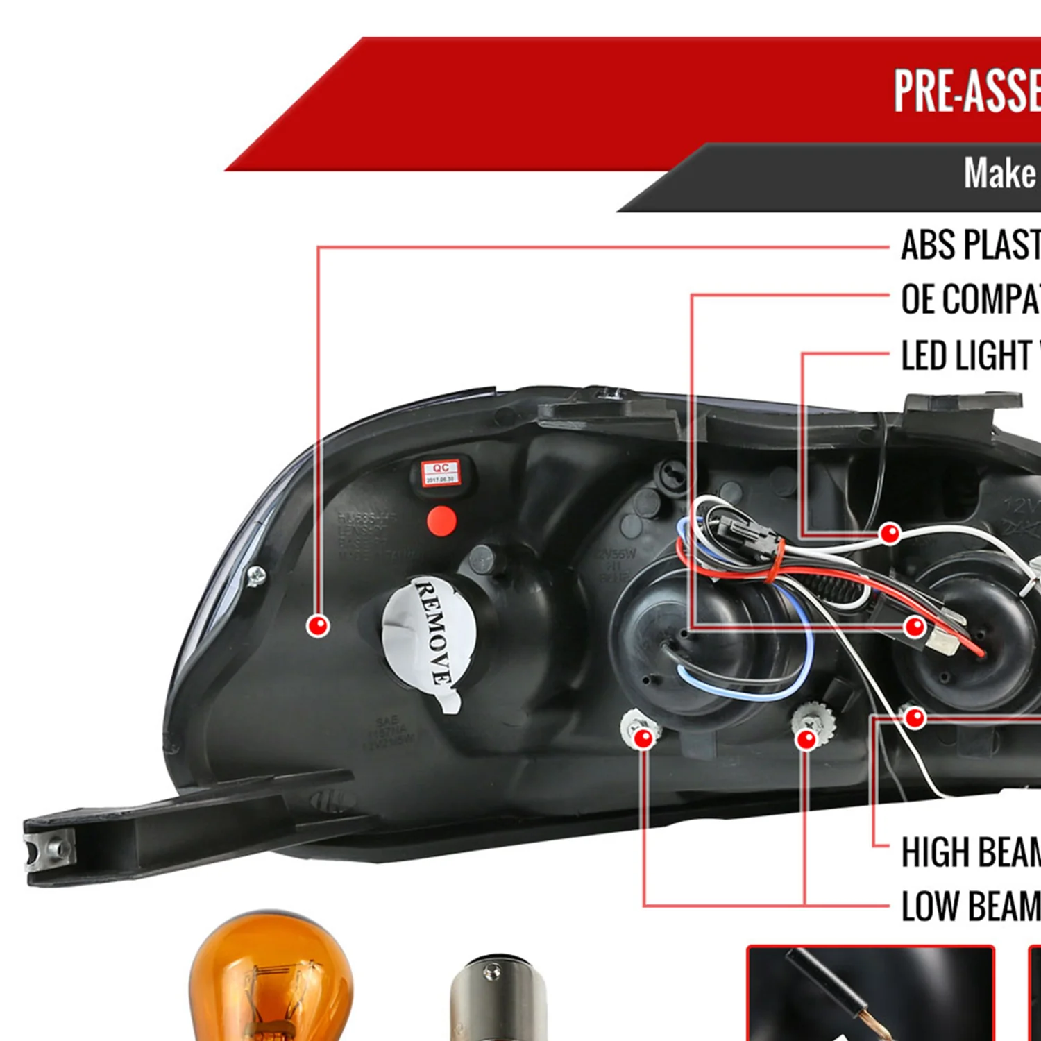 1996-1998 Honda Civic Projector Headlights R8 LED Light Strip Matt Black - Image 7