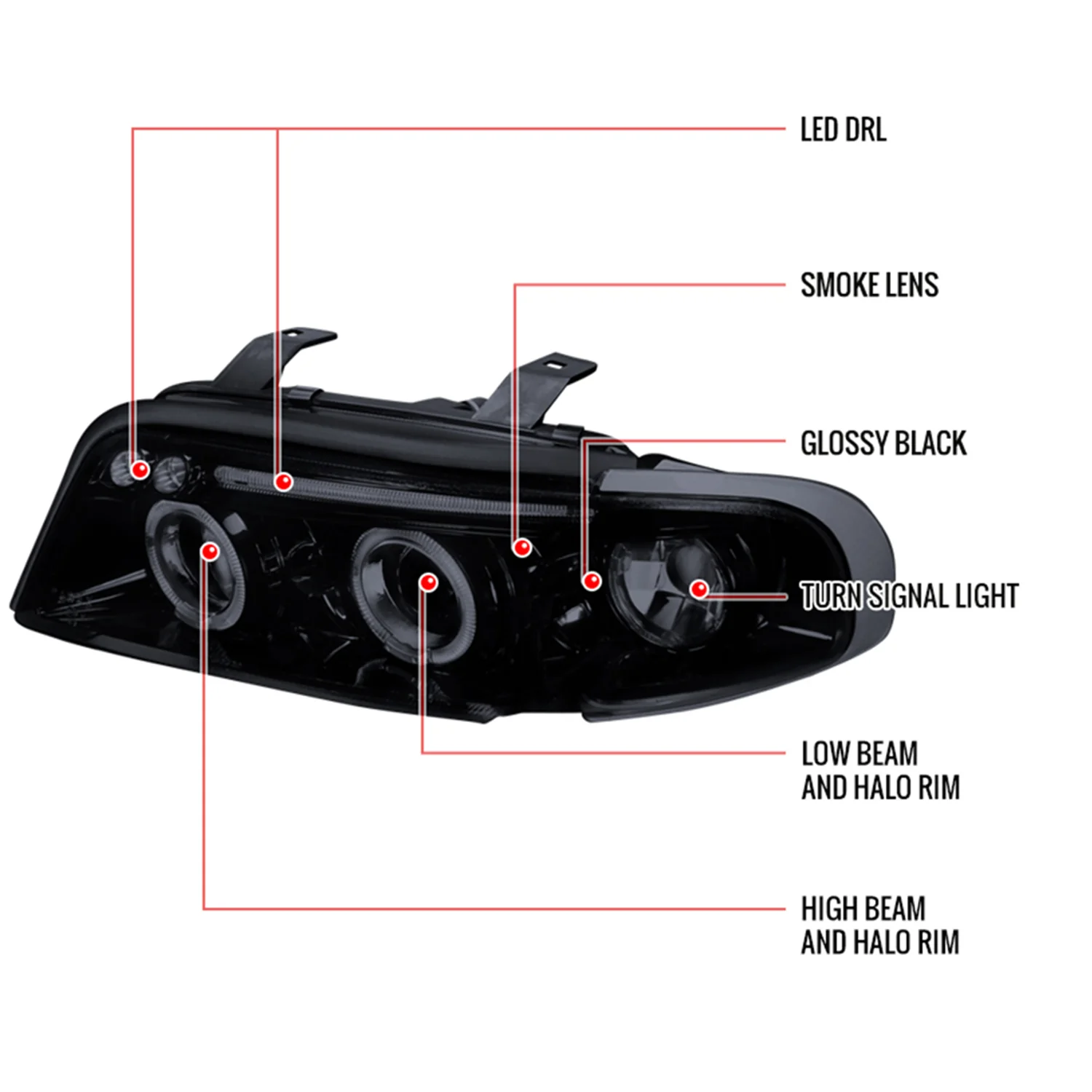1996-1999 Audi A4 Dual Halo Projector Headlights Glossy Black/Smoke Lens - Image 8