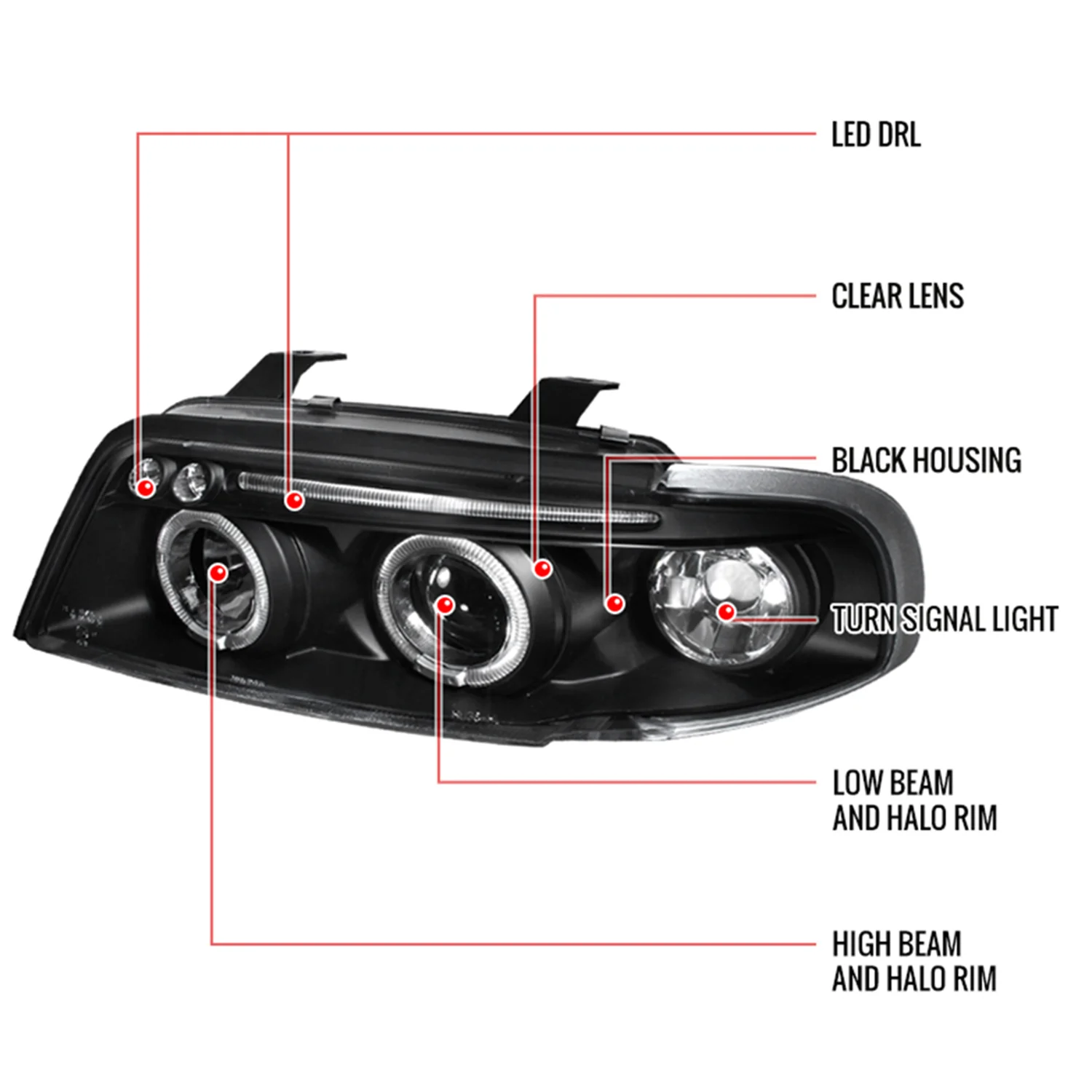 1996-1999 Audi A4 Dual Halo Projector Headlights Matte Black/Clear Lens - Image 8