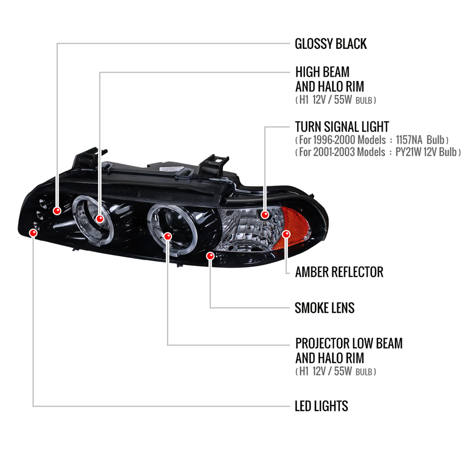 1996-2003 BMW E39 5 Series Dual Halo Projector Headlights Glossy Black/Smoke - Image 8
