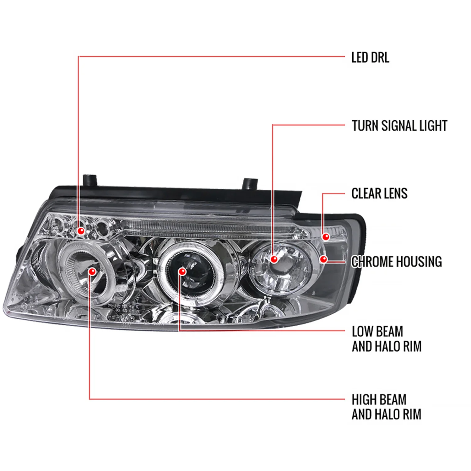 1997-2000 VW Passat Dual Halo Projector Headlights Chrome/Clear Lens - Image 8