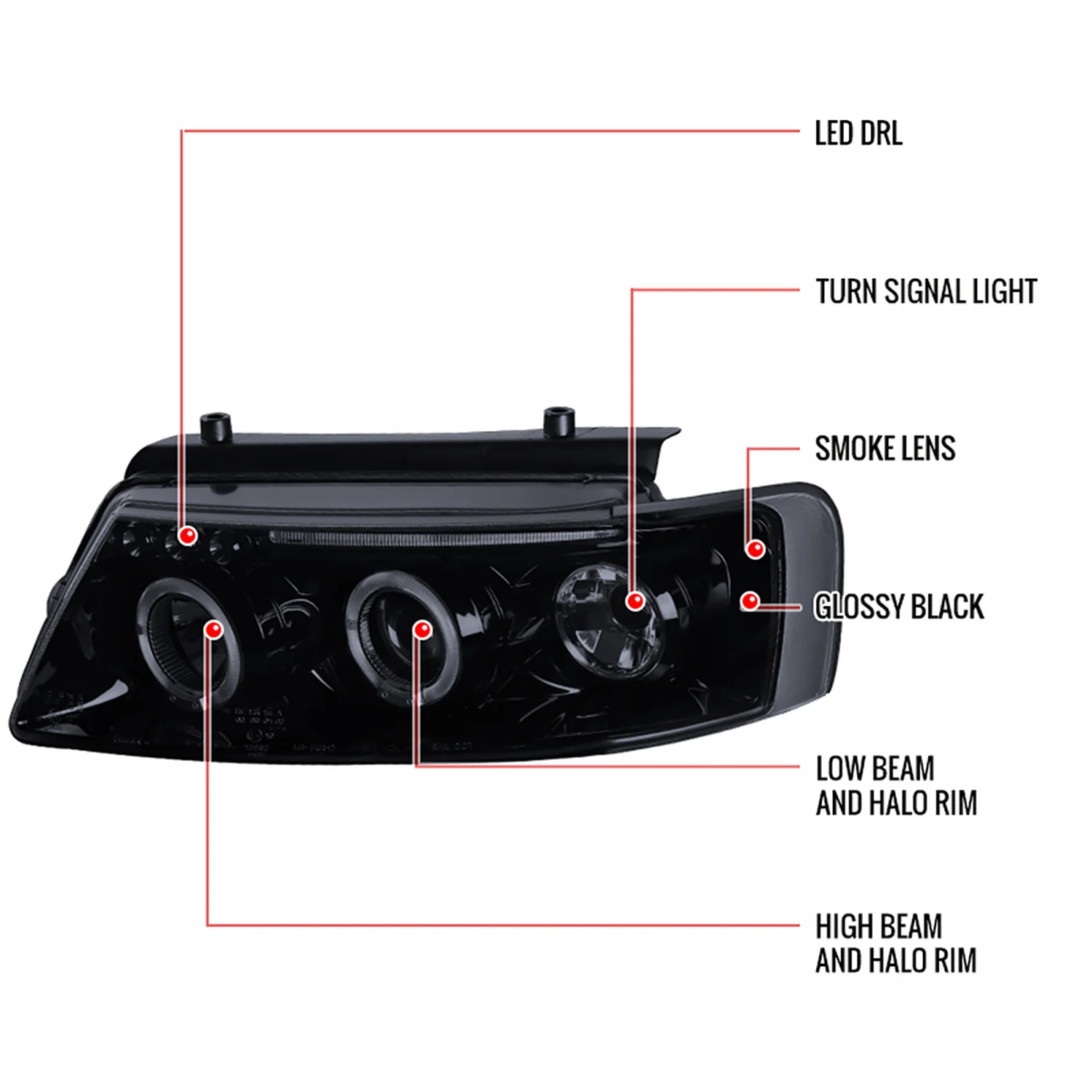 1997-2000 VW Passat Dual Halo Projector Headlights Glossy Black/Smoke Lens - Image 8