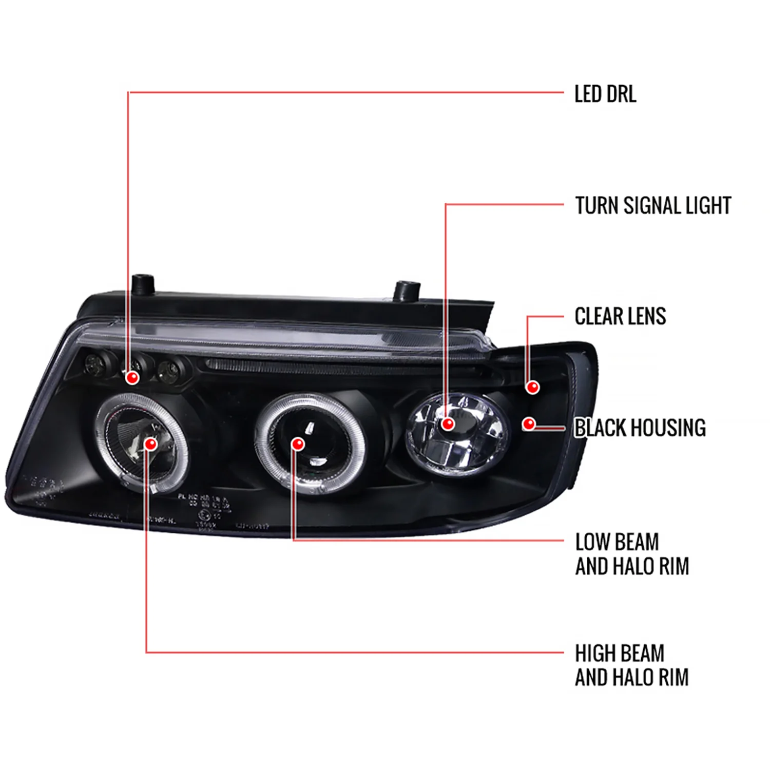 1997-2000 VW Passat Dual Halo Projector Headlights Matte Black/Clear Lens - Image 8