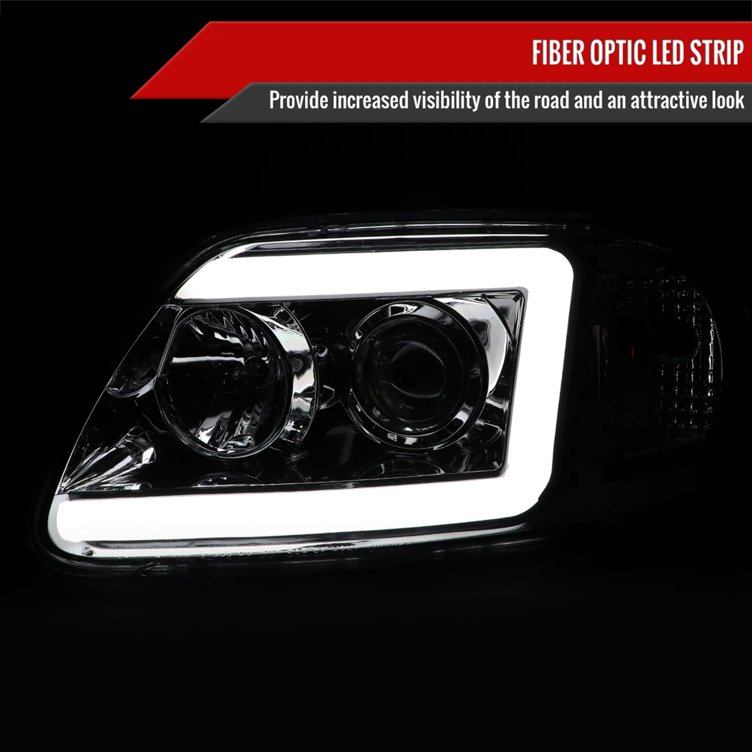 1997-2004 Ford F-150 / 97-2002 Expedition LED C-Bar Projector Headlights Chrome - Image 2