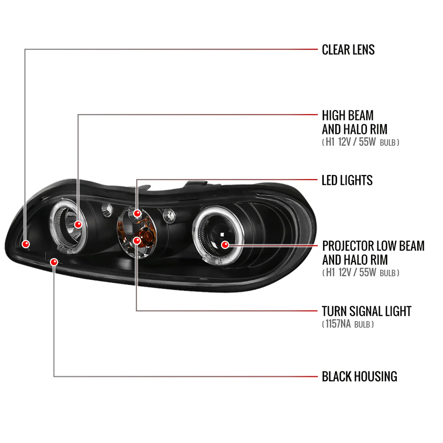 1997-2005 Chevy Malibu/Oldsmobile Cutlass Dual Halo Projector Headlights Black - Image 8