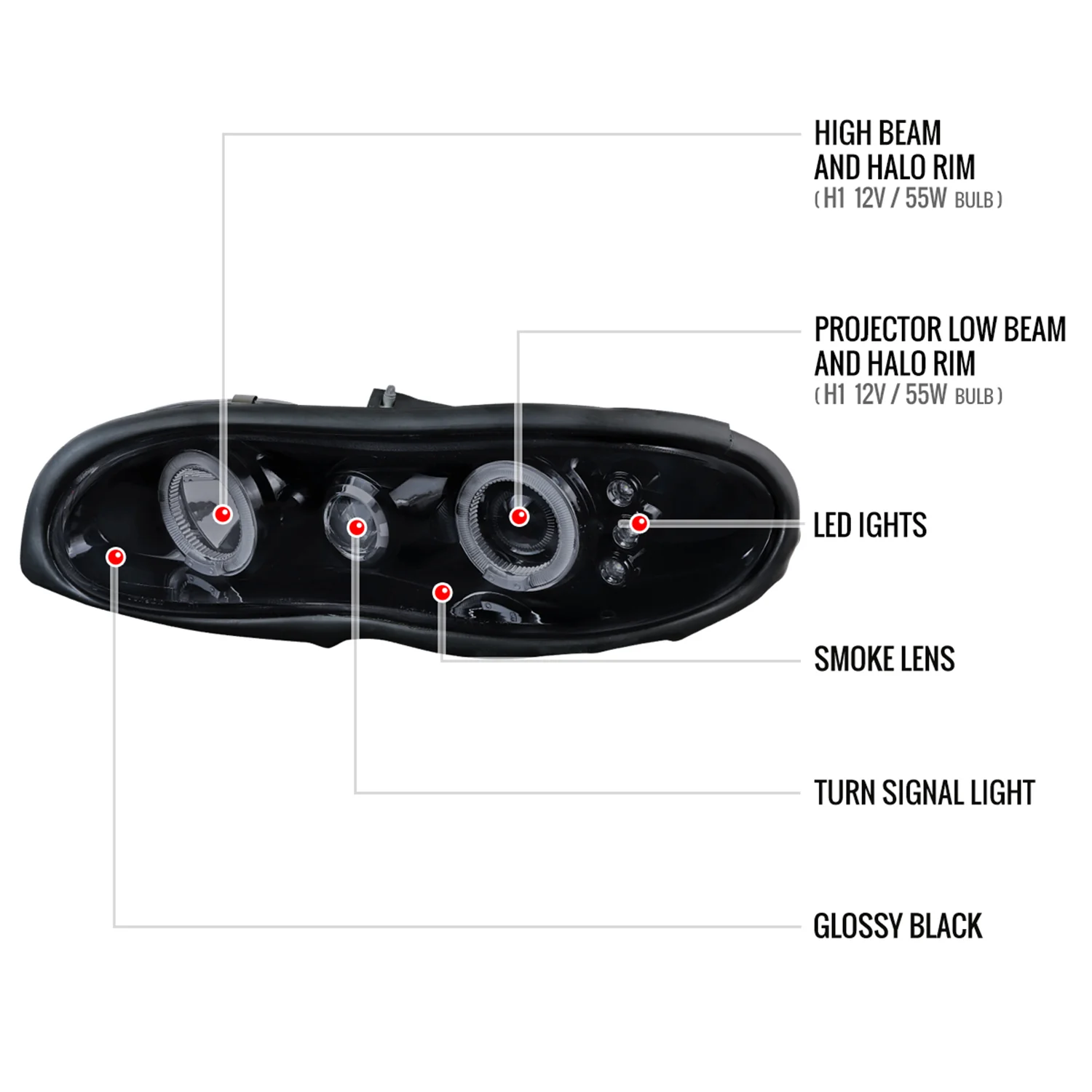 1998-2002 Chevy Camaro Dual Halo Projector Headlights Glossy Black/Smoke Lens - Image 8