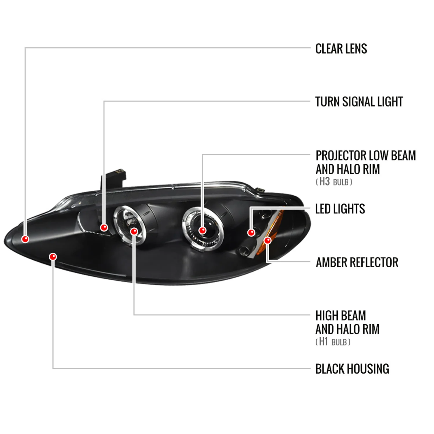 1998-2004 Dodge Intrepid Dual Halo Projector HeadLights Matte Black/Clear Lens - Image 8