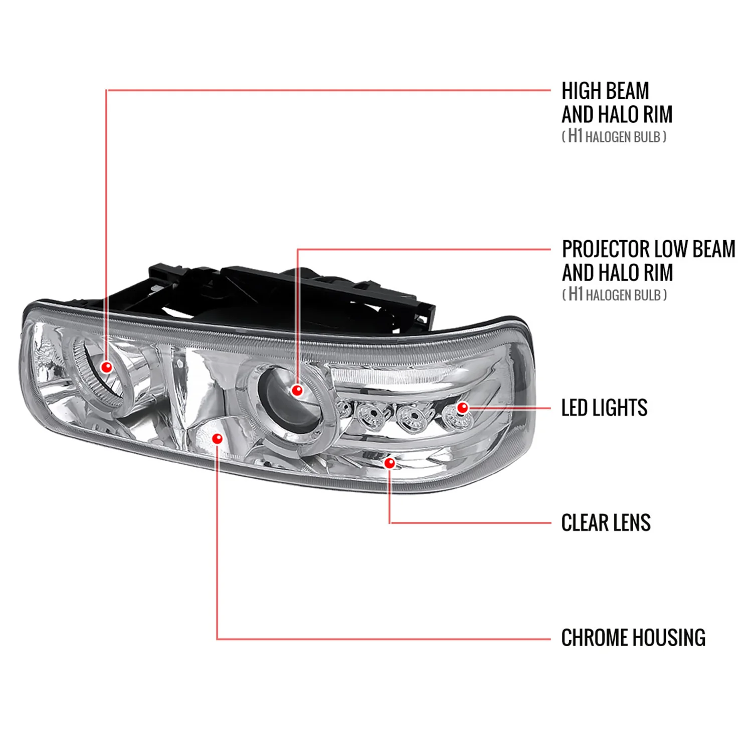 1999-2002 Chevy Silverado/ Tahoe/Suburban Dual Halo Headlights LED Chrome - Image 5