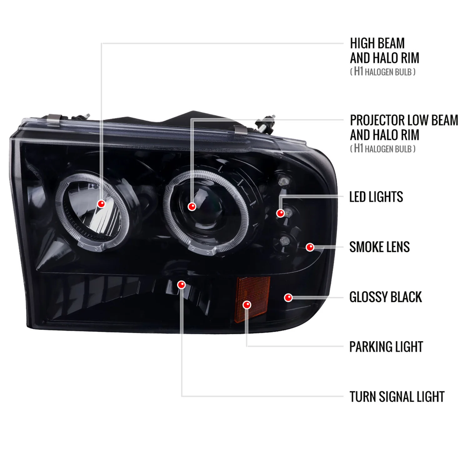 1999-2004 Ford Excursion F-250 F-350 F-450 F-550 Dual Halo Headlights Smoke - Image 9