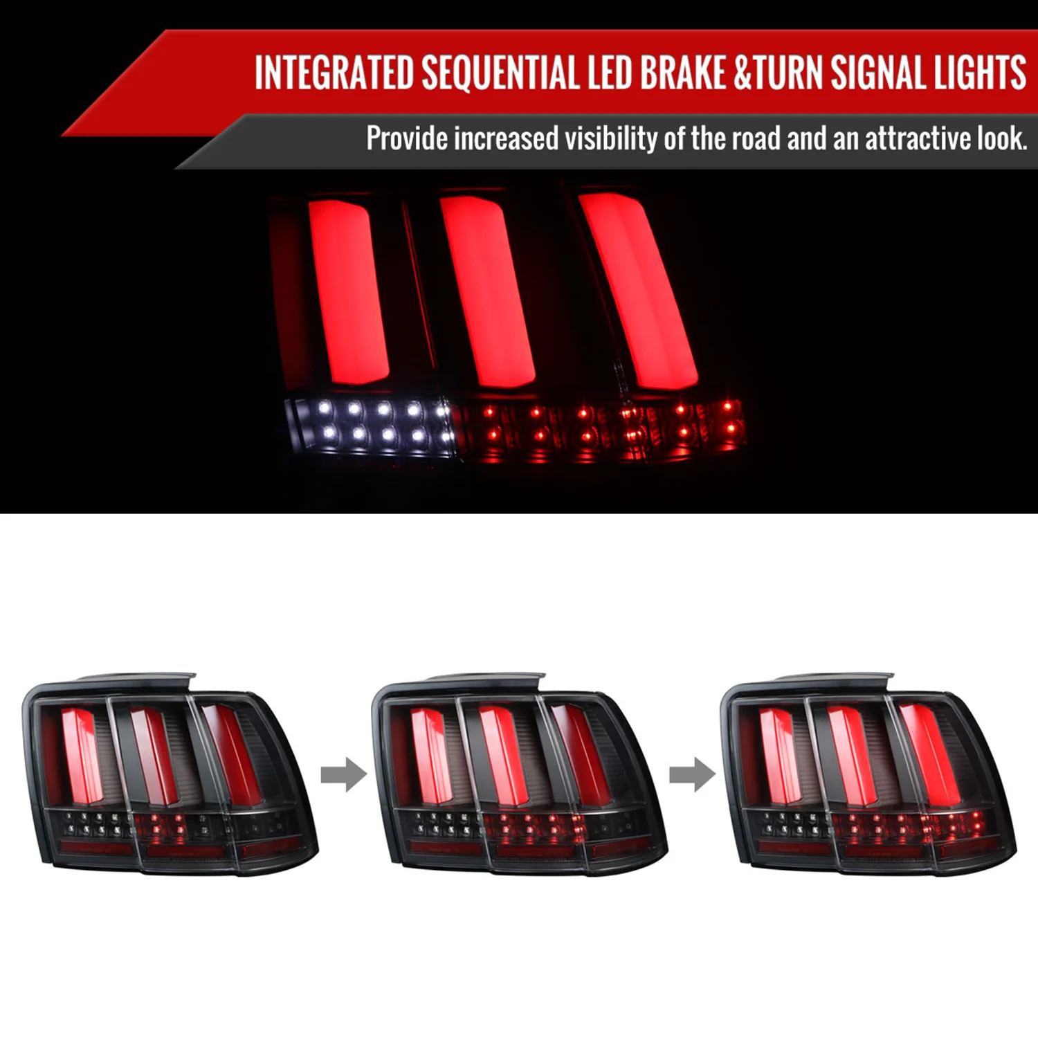 1999-2004 Ford Mustang Sequential LED Tail Lights Black Housing/Clear Lens - Image 2