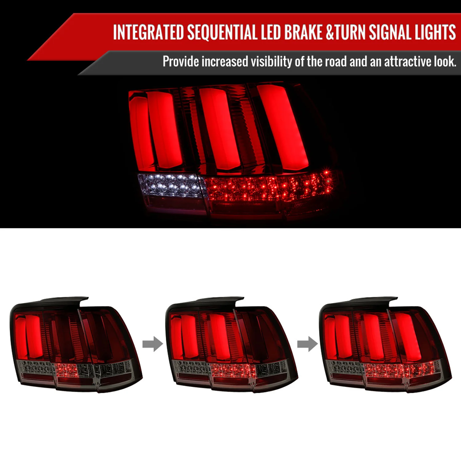 1999-2004 Ford Mustang Sequential LED Tail Lights Chrome/Red Smoke Lens - Image 2