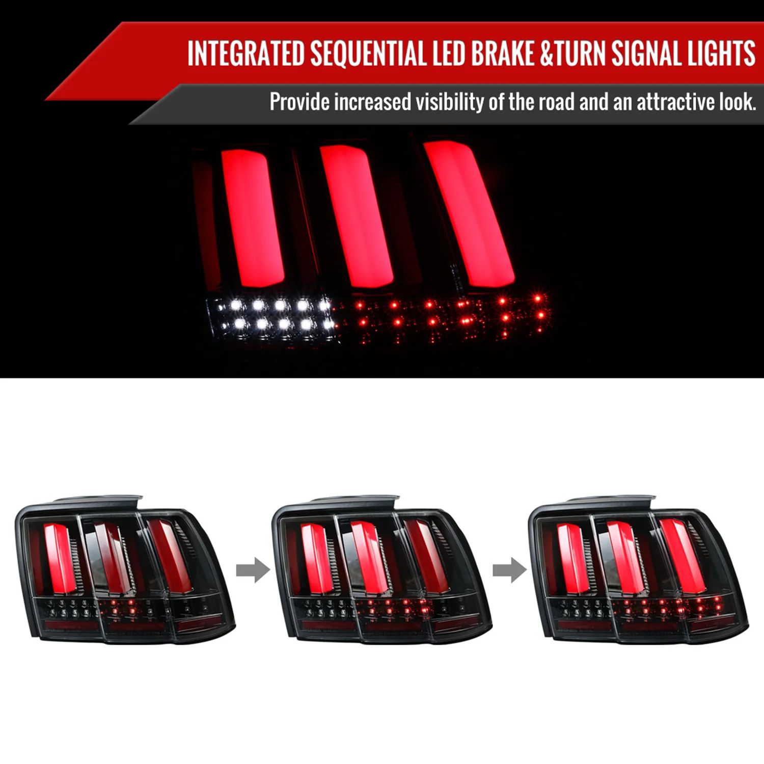 1999-2004 Ford Mustang Sequential LED Tail Lights Jet Black/Clear Lens - Image 2
