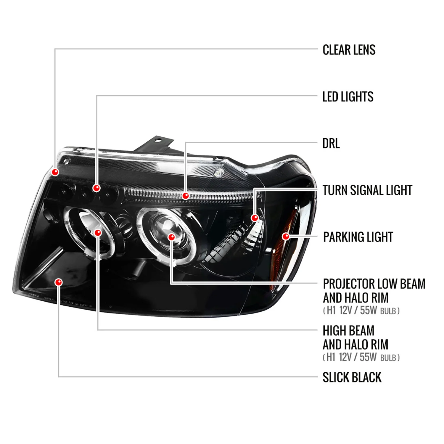 1999-2004 Jeep Grand Cherokee Dual Halo Projector Headlights Jet Black/Clear - Image 8