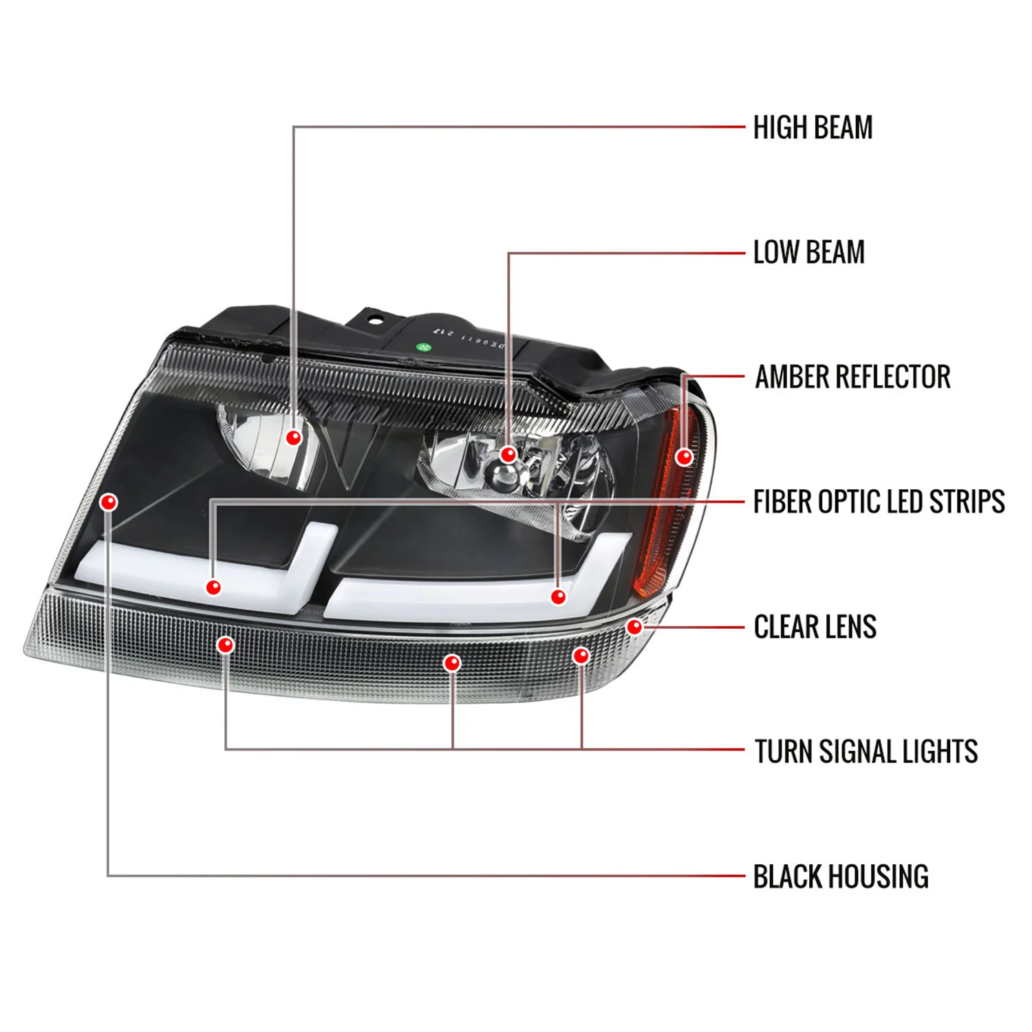 1999-2004 Jeep Grand Cherokee Factory Dual LED Bar Headlights Matt Black/Clear - Image 8