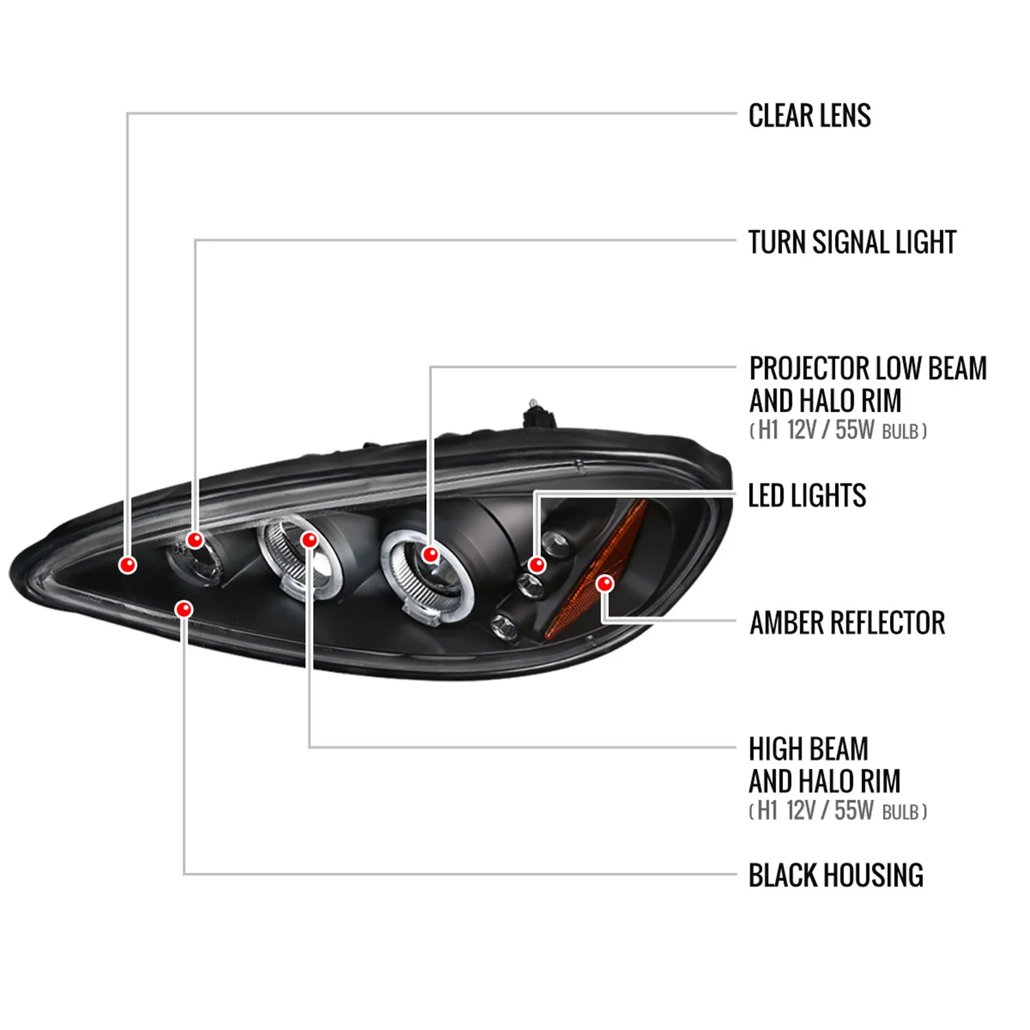 1999-2005 Pontiac Grand AM Dual Halo Projector Headlights Matte Black/Clear - Image 8