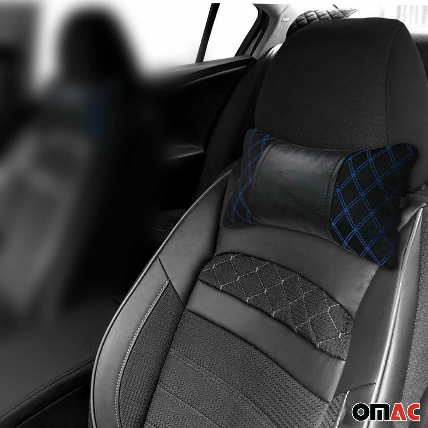 1x Car Seat Neck Pillow Head Shoulder Rest Pad Fabric Black with Blue Stitches - Image 2
