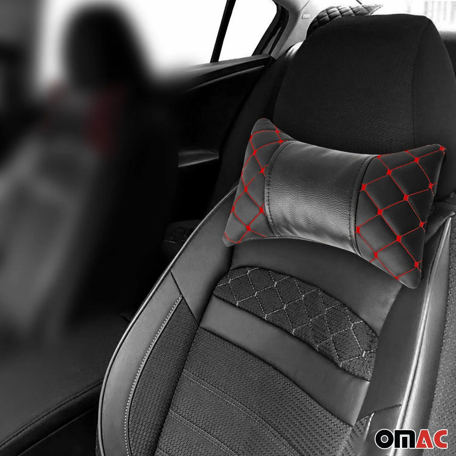 1x Car Seat Neck Pillow Head Shoulder Rest Pad PU Leather Black and Red Stitches - Image 2