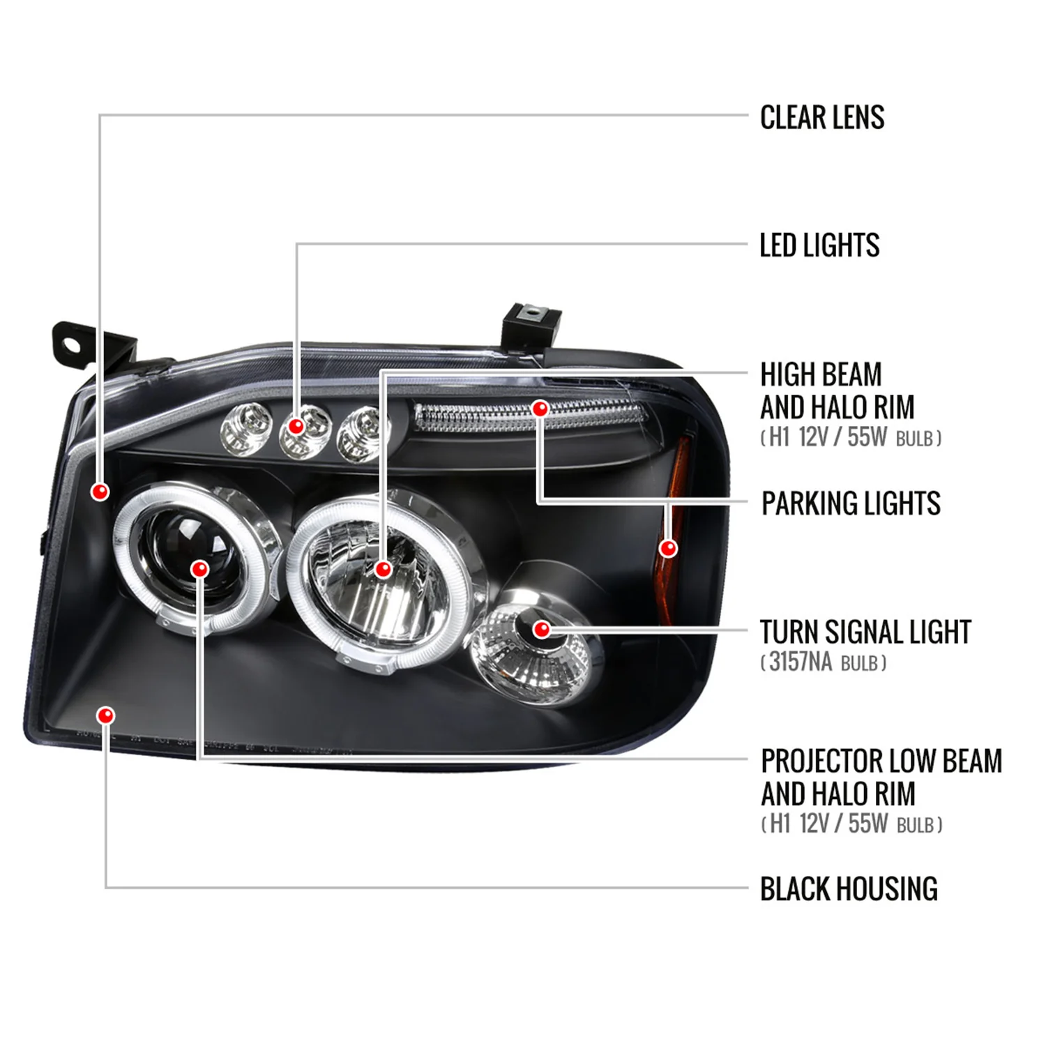2001-2004 Nissan Frontier Dual Halo Projector Headlights Matte Black/Clear - Image 8