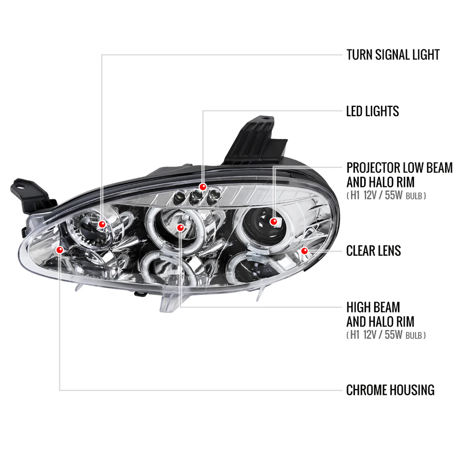 2001-2005 Mazda Miata MX-5 Dual Halo Projector Headlights Chrome/Clear Lens - Image 8