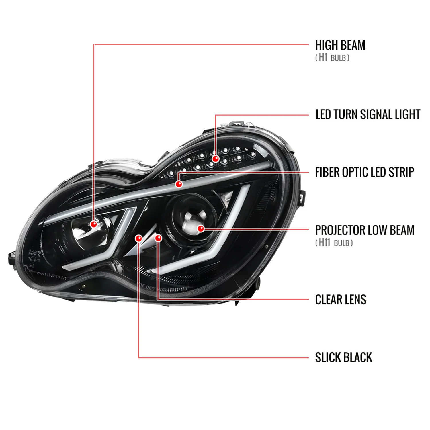 2001-2007 Mercedes W203 C Class Sedan LED Bar Headlights Signal Glossy Black - Image 9