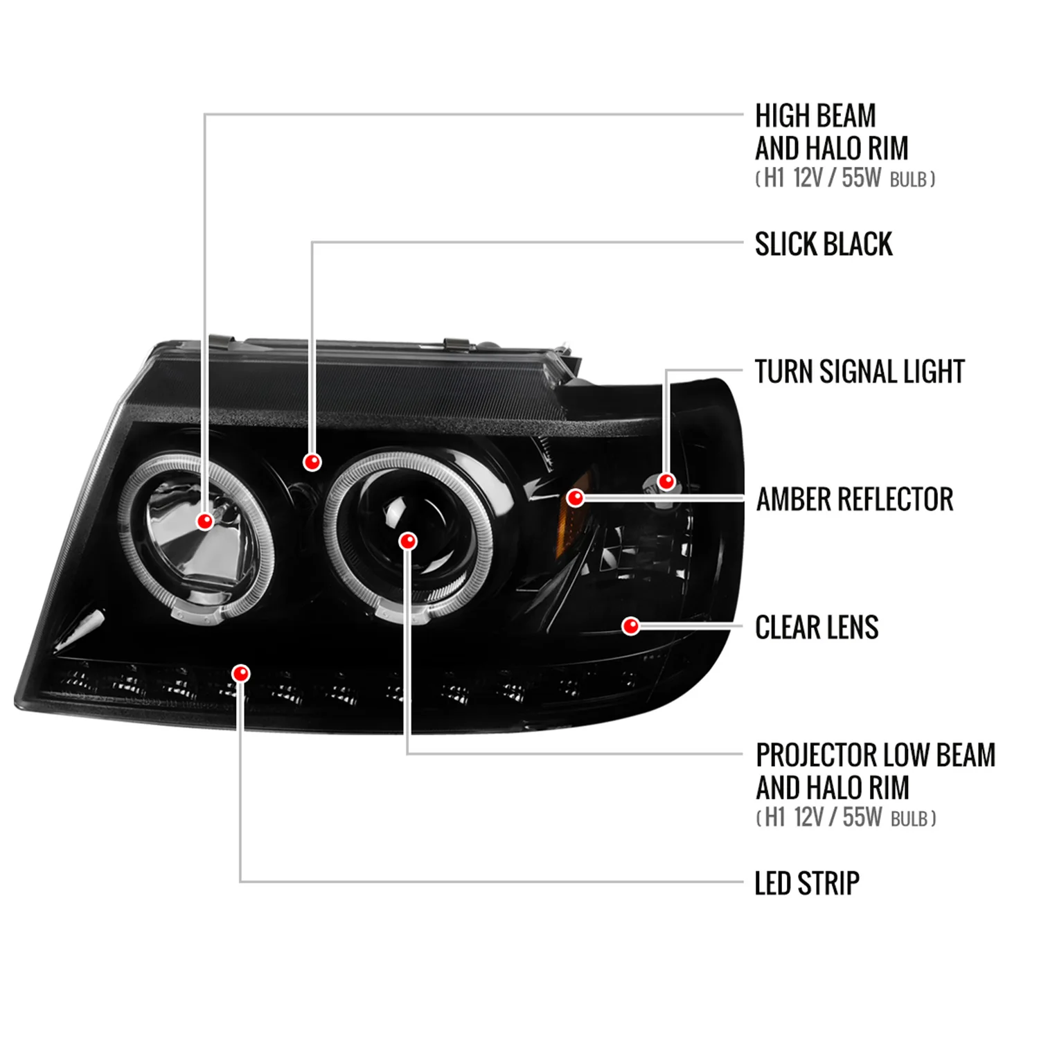 2002-2005 Ford Explorer Dual Halo Projector Headlights LED Light Strip Black - Image 8