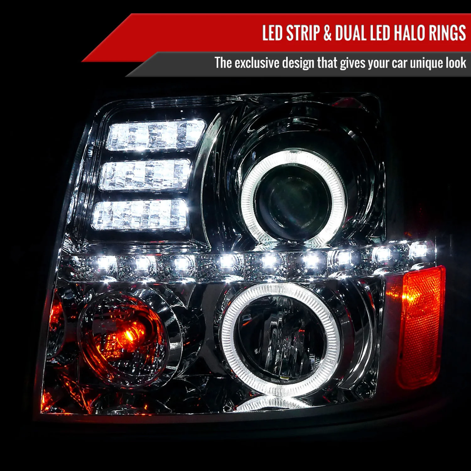 2002-2006 Cadillac Escalade Dual Halo Projector Headlights LED Light Chrome - Image 2