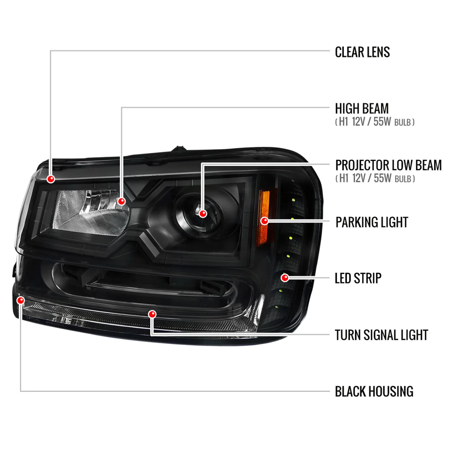 2002-2009 Chevy Trailblazer Projector Headlights LED Light Strip Matt Black - Image 8