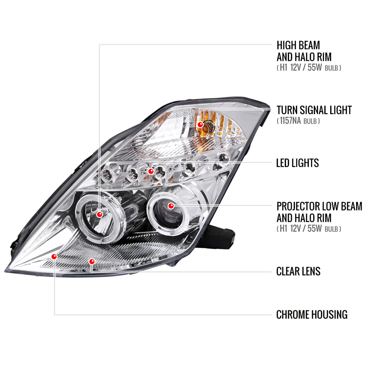 2003-2005 Nissan 350Z Dual Halo Projector Headlights Chrome/Clear Lens - Image 8