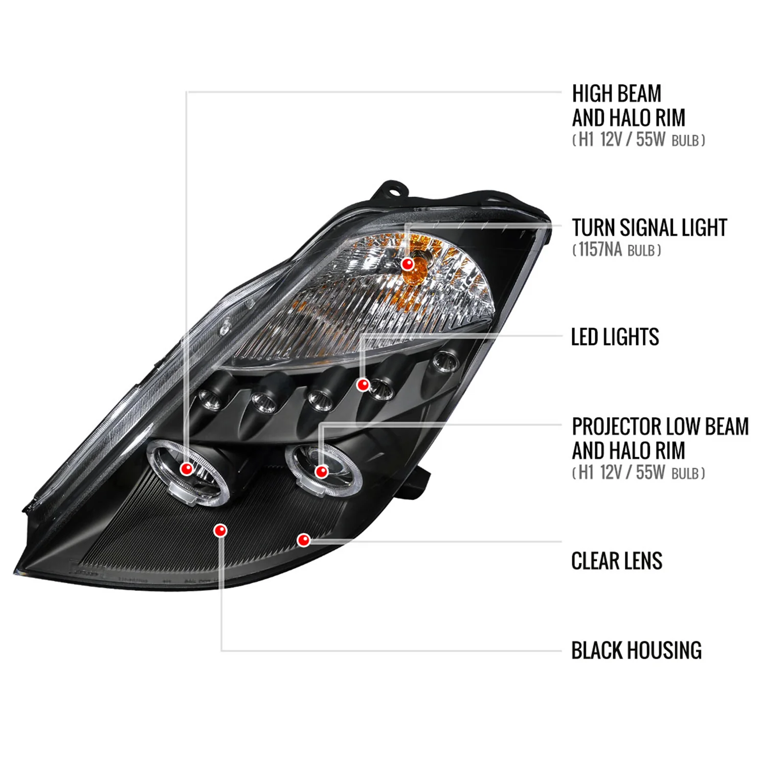 2003-2005 Nissan 350Z Dual Halo Projector Headlights Matte Black/Clear Lens - Image 8