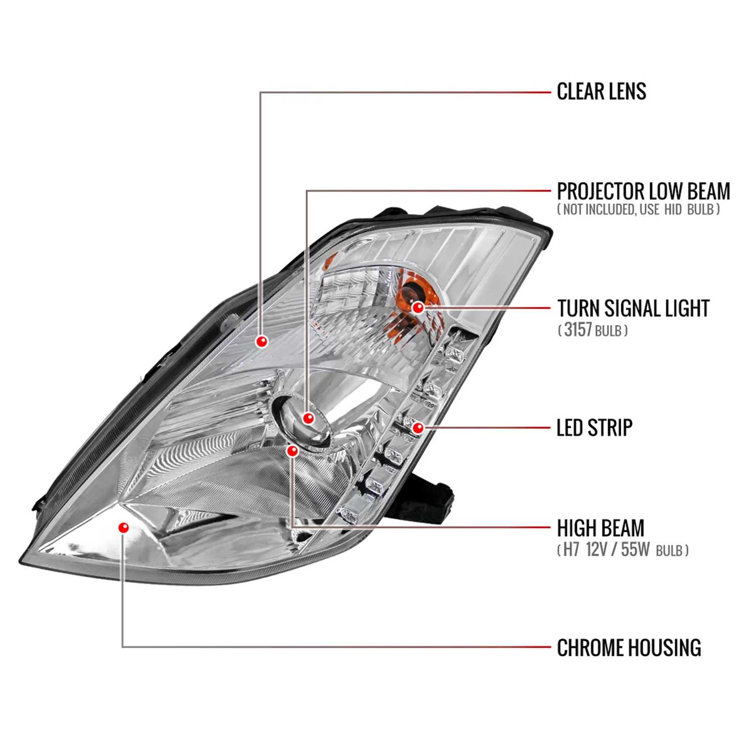 2003-2005 Nissan 350Z Projector Headlights w/ SMD LED Light Strip Chrome/Clear - Image 8