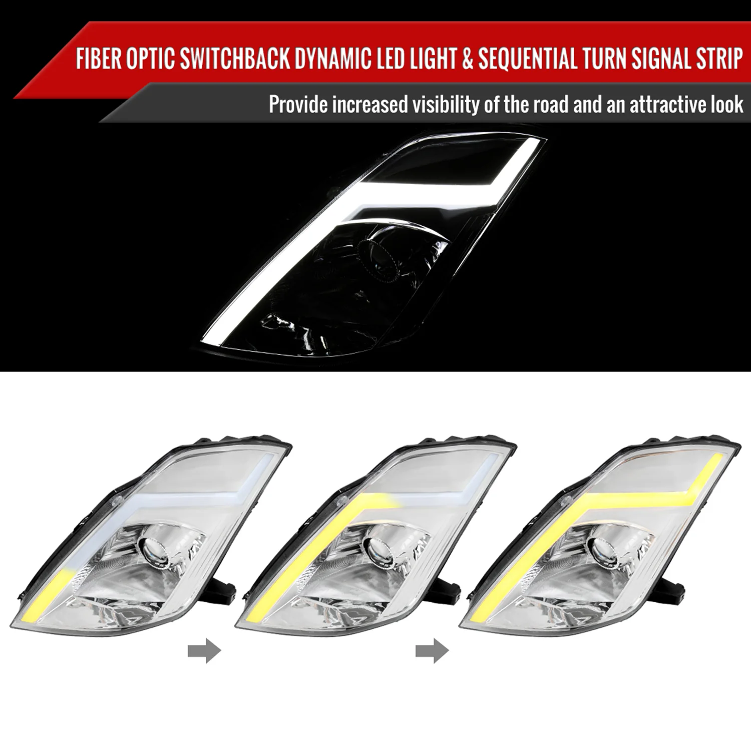 2003-2005 Nissan 350Z Signal Animated LED Bar Projector Headlights Chrome - Image 2