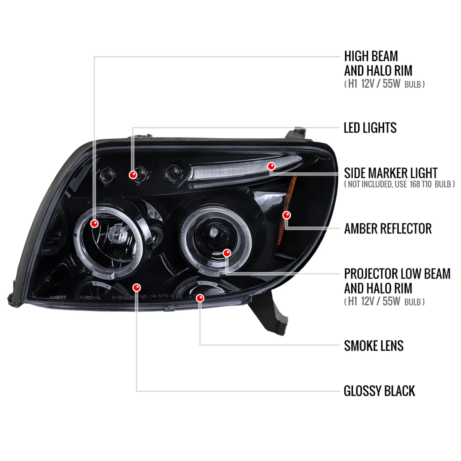 2003-2005 Toyota 4Runner Dual Halo Projector Headlights Glossy Black/Smoke - Image 9