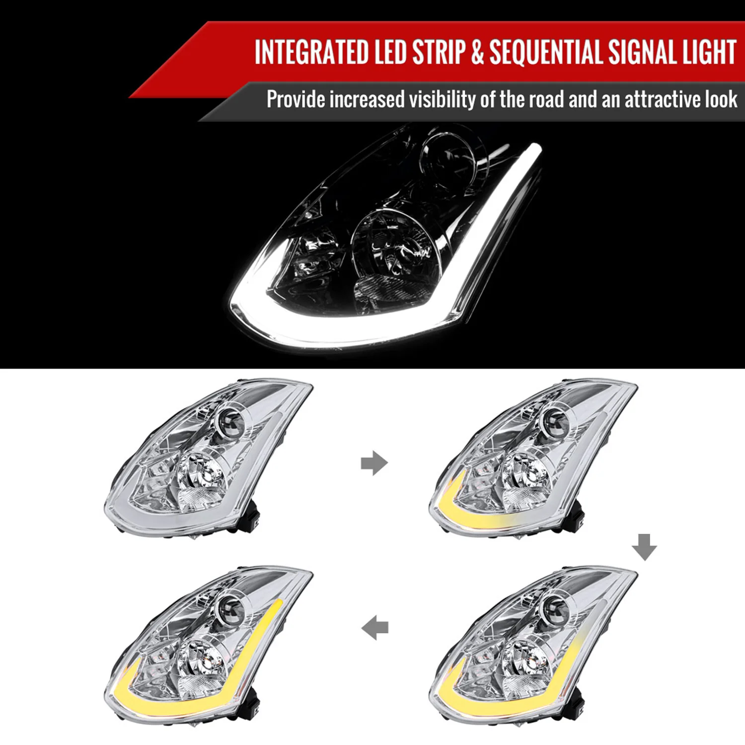 2003-2007 Infiniti G35 Coupe LED Bar Projector Headlights Turn Signals Chrome - Image 2