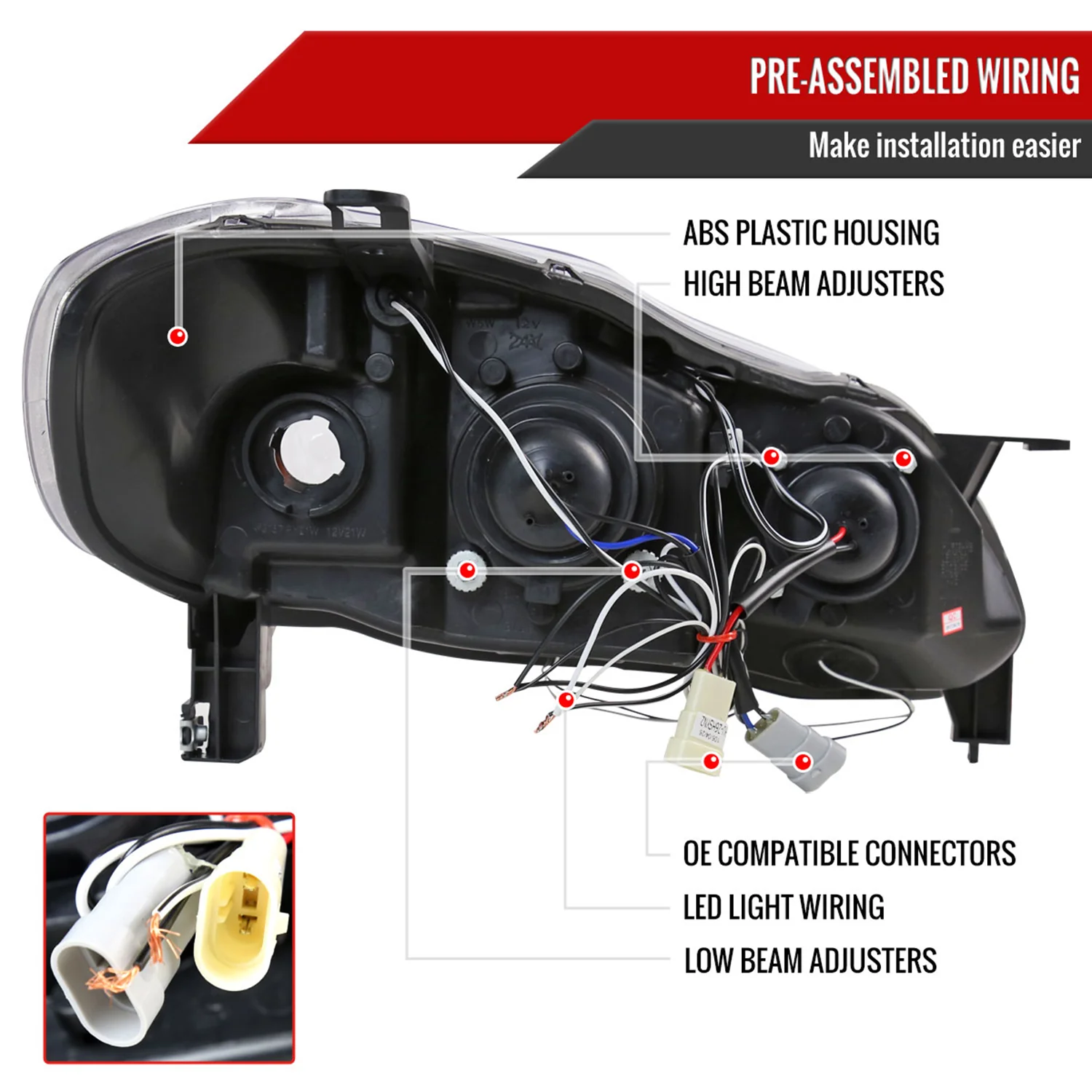 2003-2008 Toyota Corolla Dual Halo Projector Headlights Chrome/Clear Lens - Image 7