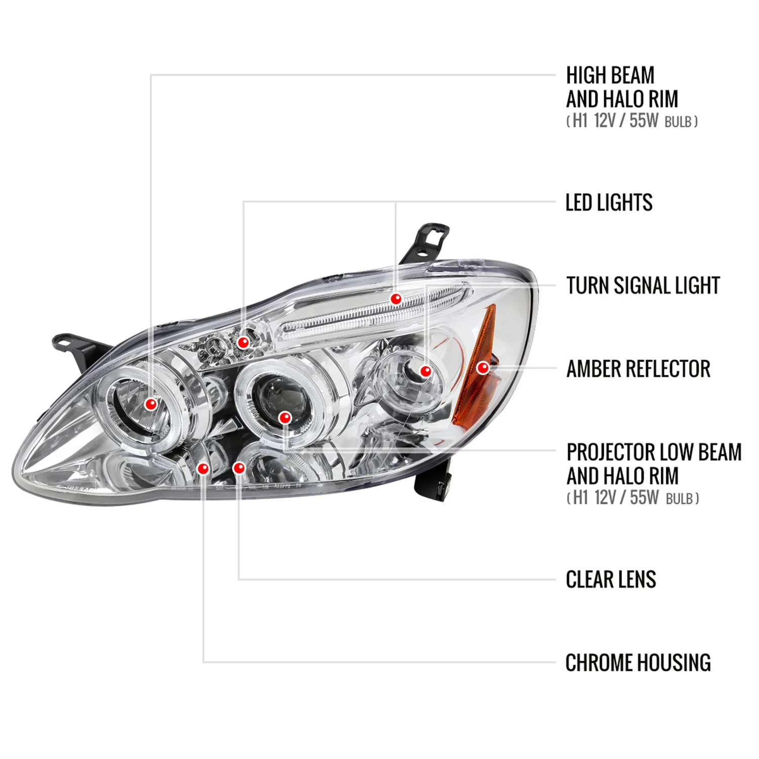 2003-2008 Toyota Corolla Dual Halo Projector Headlights Chrome/Clear Lens - Image 8
