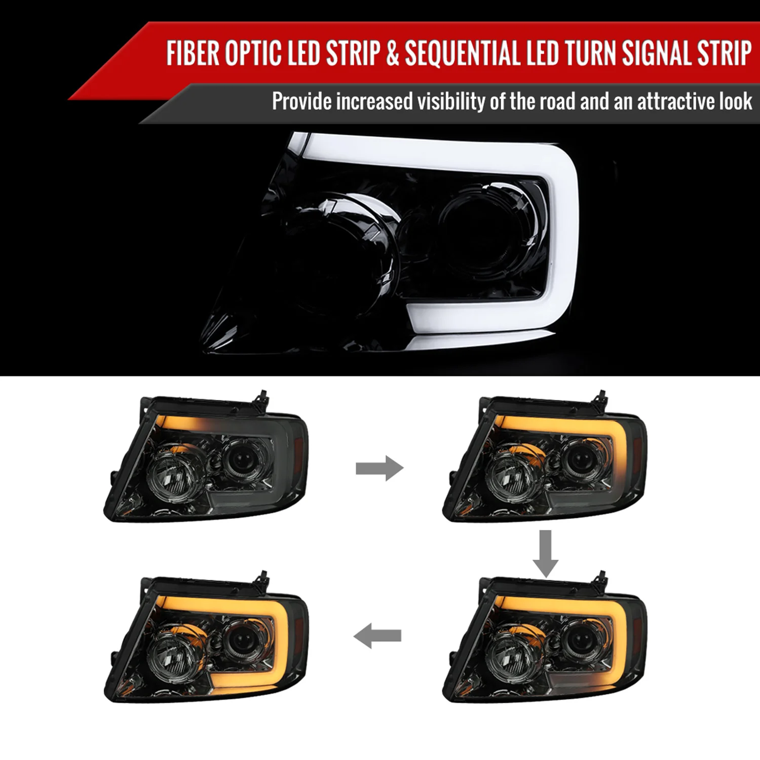 2004-2008 Ford F-150/ 06-2008 Lincoln Mark LT LED C-Bar Headlights Smoke - Image 2