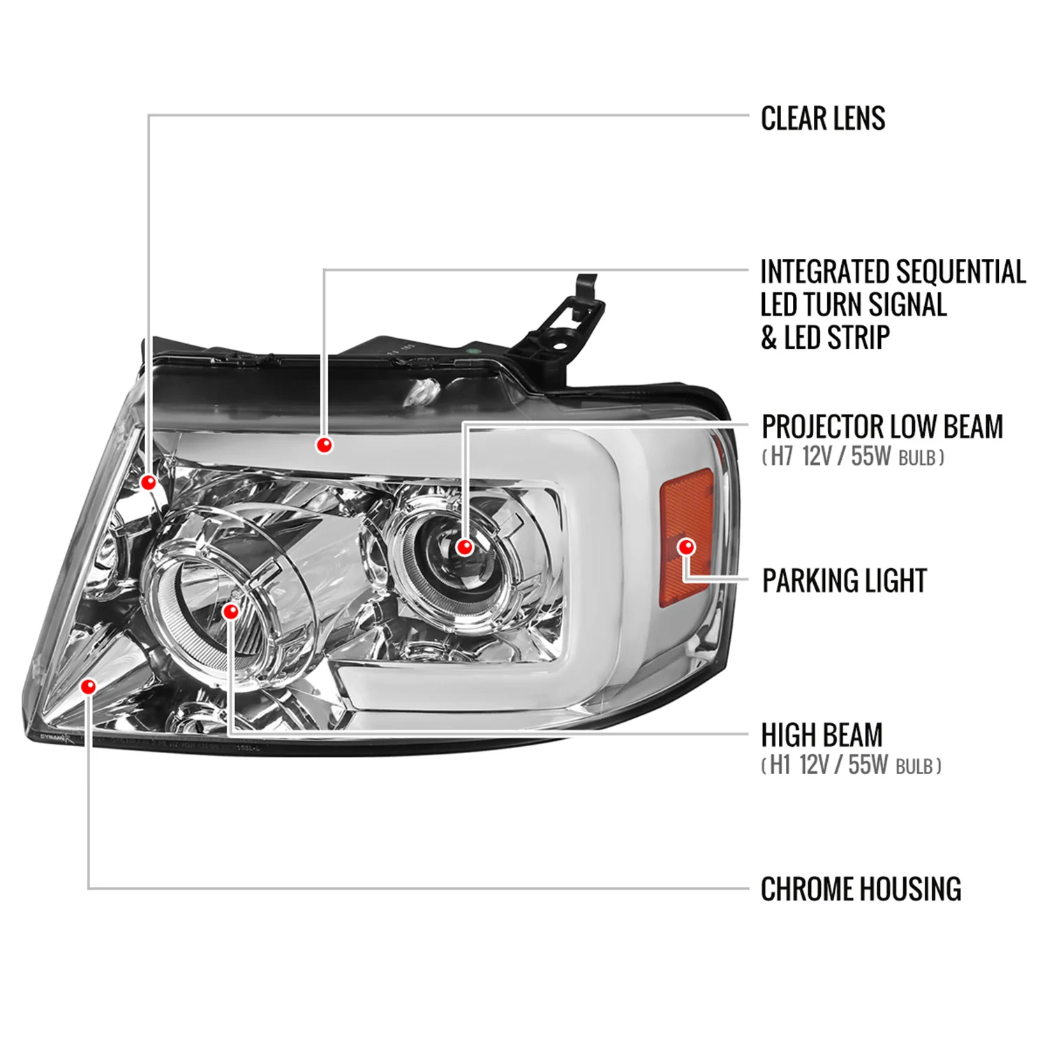 2004-2008 Ford F-150/ 06-2008 Lincoln Mark LT LED Switchback Headlights Chrome - Image 8