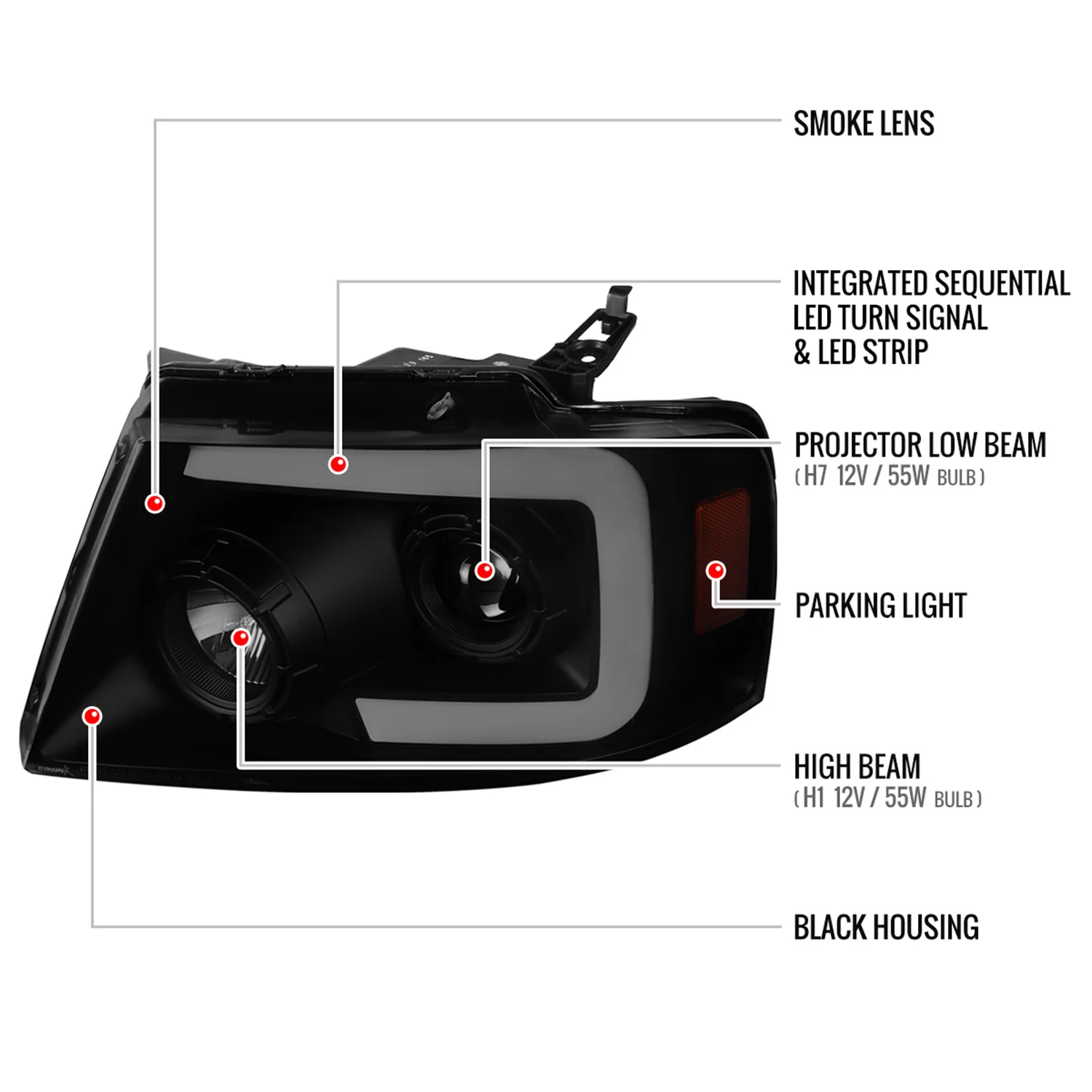2004-2008 Ford F-150/Lincoln Mark LT LED CBar Projector Headlights Black&Smoke - Image 8