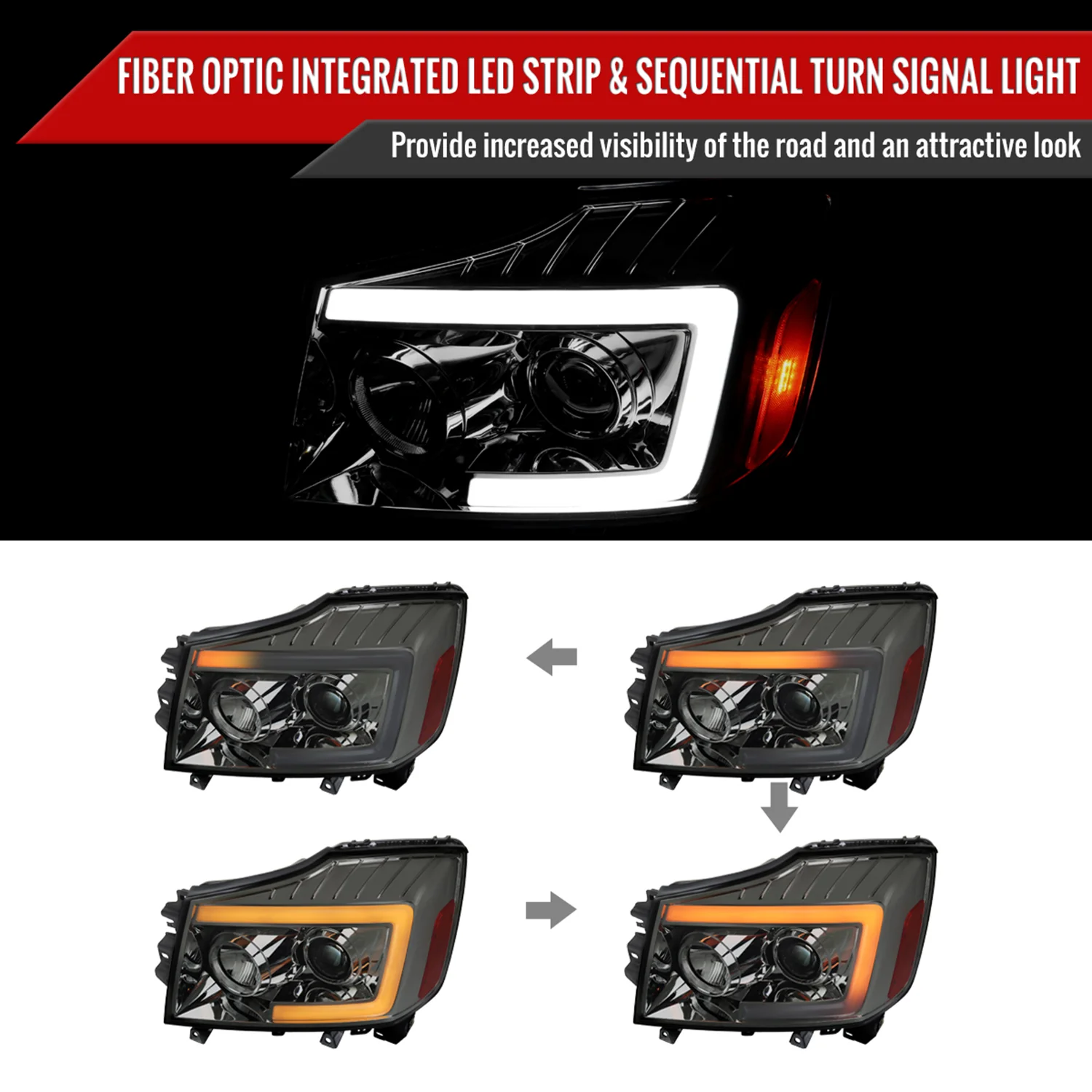 2004-2015 Nissan Titan / 04-2007 Armada LED C-Bar Headlights Signal Smoke - Image 2