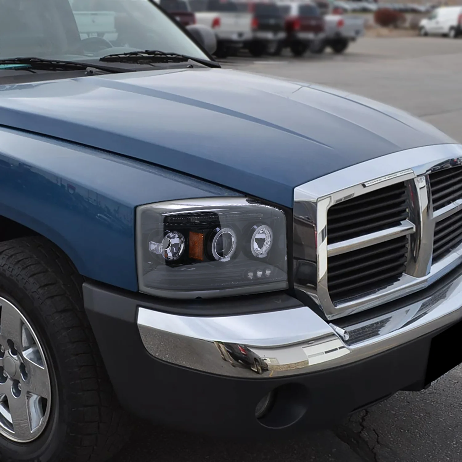 2005-2007 Dodge Dakota Dual Halo Projector Headlights Glossy Black/Smoke Lens - Image 9