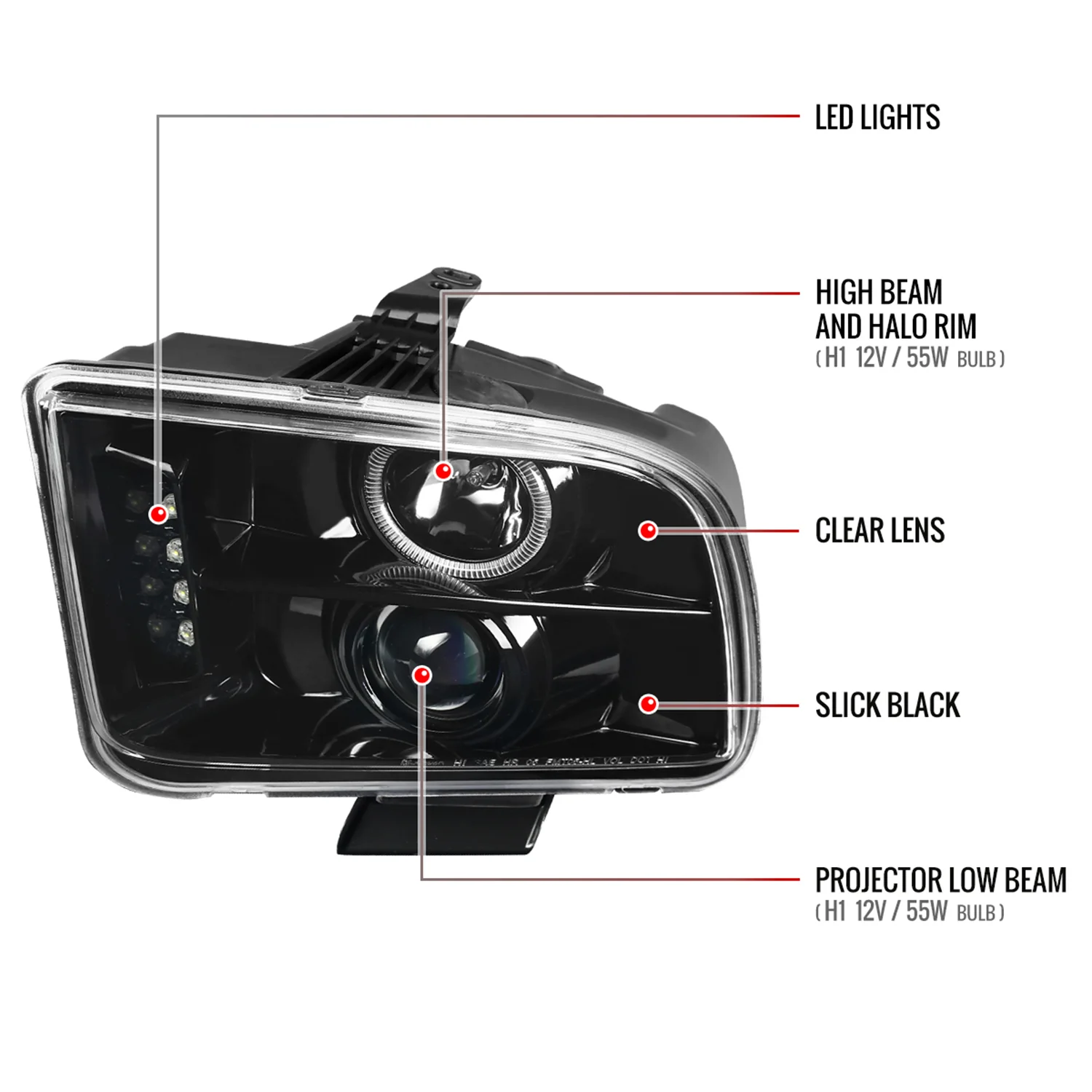 2005-2009 Ford Mustang Halo Projector Headlights Jet Black/Clear Lens - Image 8