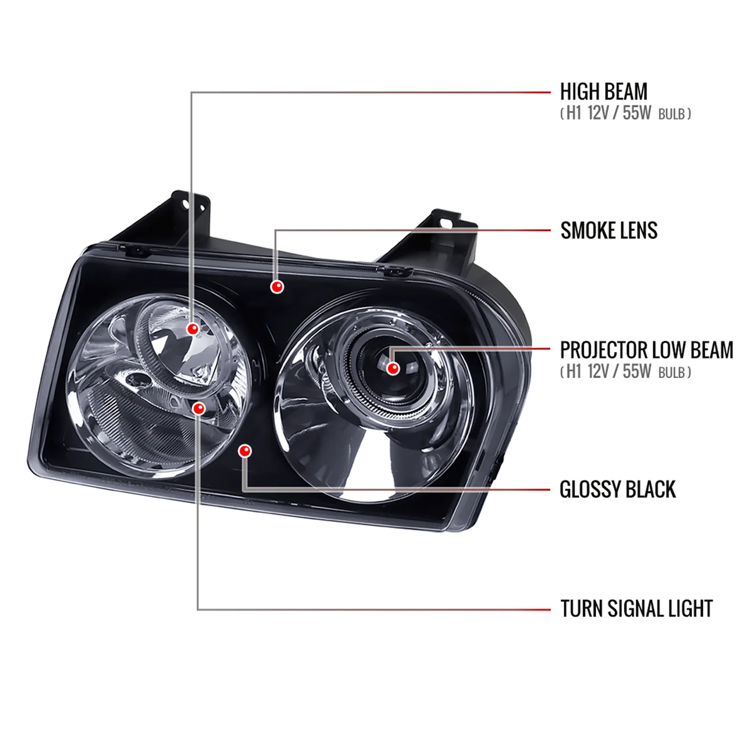 2005-2010 Chrysler 300 Base/LX/Touring Projector Headlights Glossy Black/Smoke - Image 8