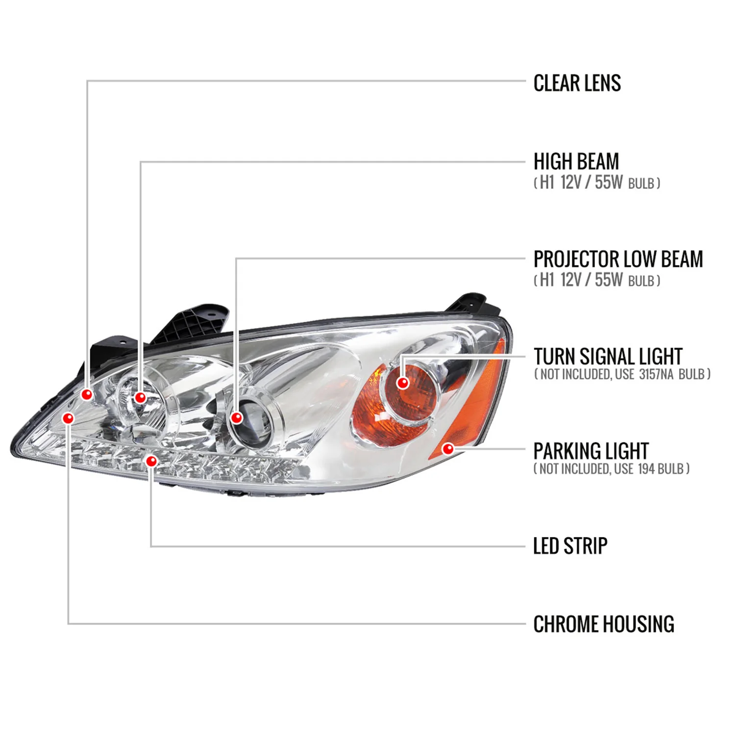 2005-2010 Pontiac G6 Projector Headlights w/ LED Light Strip Chrome/Clear Lens - Image 8